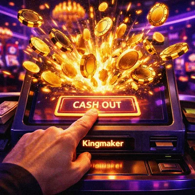 Pressing a cash out button with flying coins